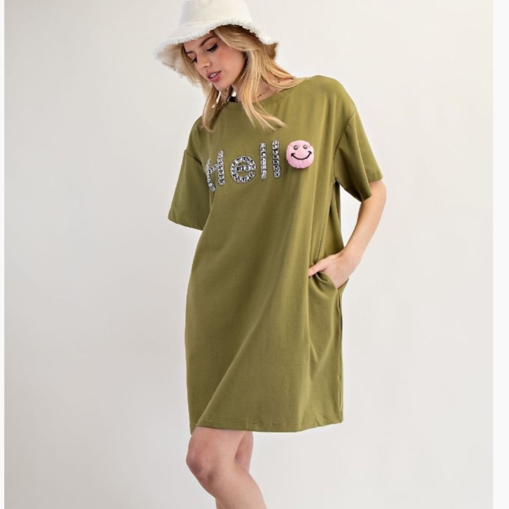 E16 Olive Green Graphic Tee Dress with Smiley Patch - Picture 2 of 5